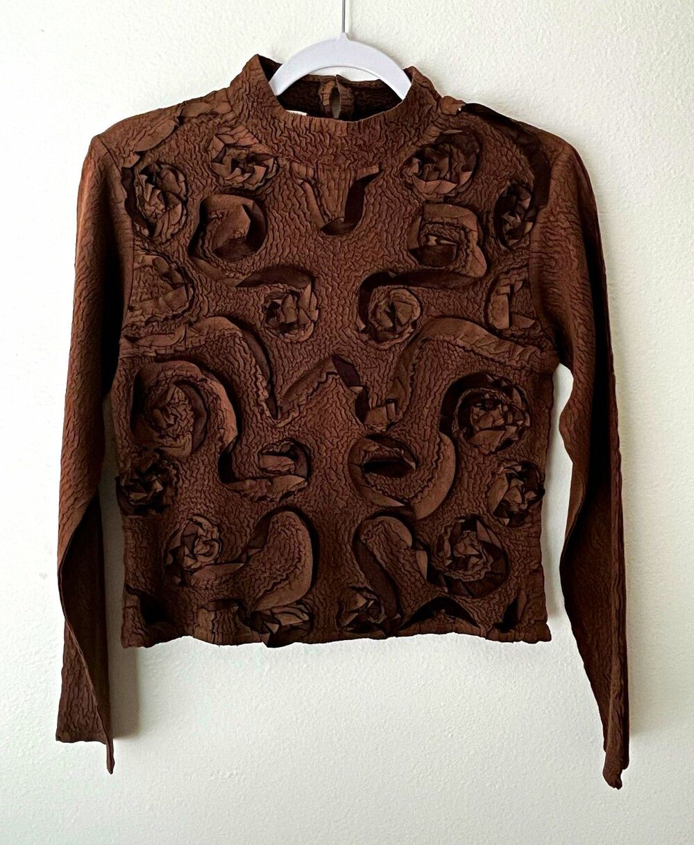 Alberto Makali Brown Textured 3D Mock Neck Long Sleeve Shirt Sz S